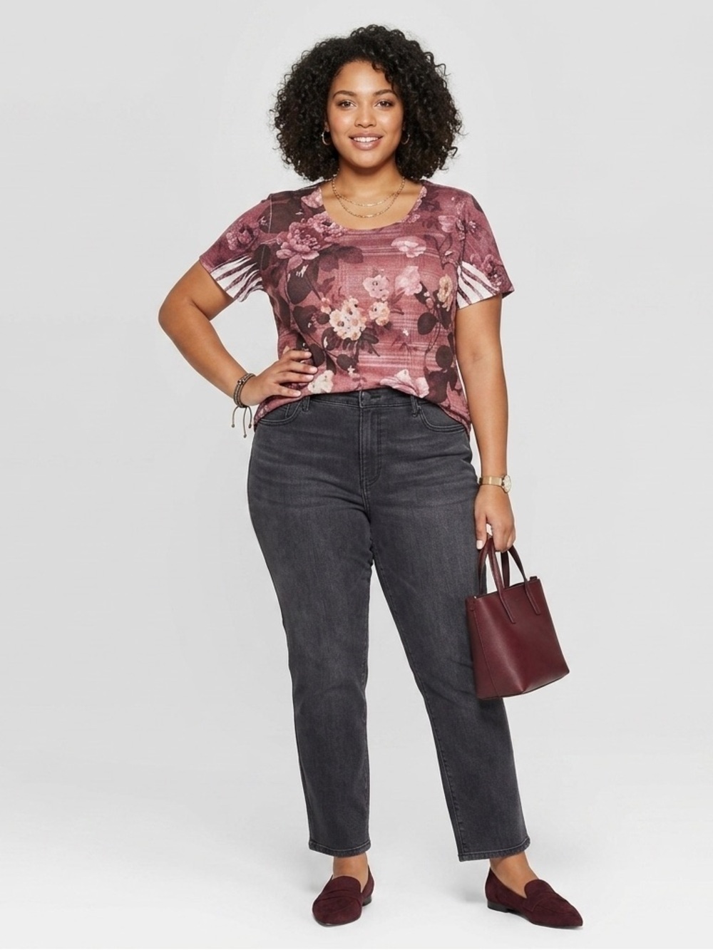 Style & Co Plus 0X Linen Blend Floral Scoop Neck Top Mauve Pink Short Sleeve